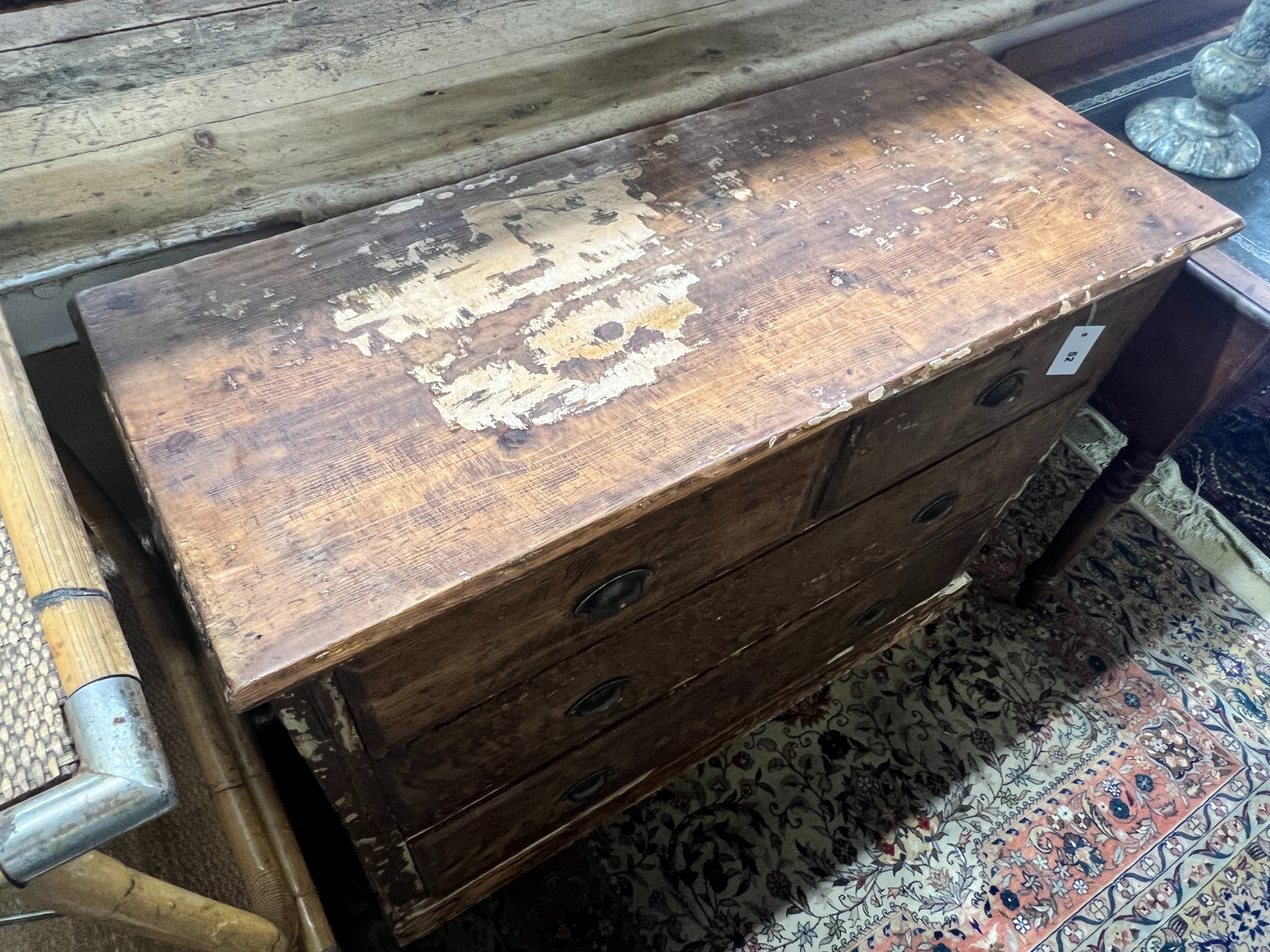 A 19th century part painted stained pine chest, length 110cm, depth 43cm, height 86cm